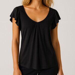 BCBGMAXAZRIA	| Black V-Neck Ruffle Short Cap Sleeve Tee | Size Small